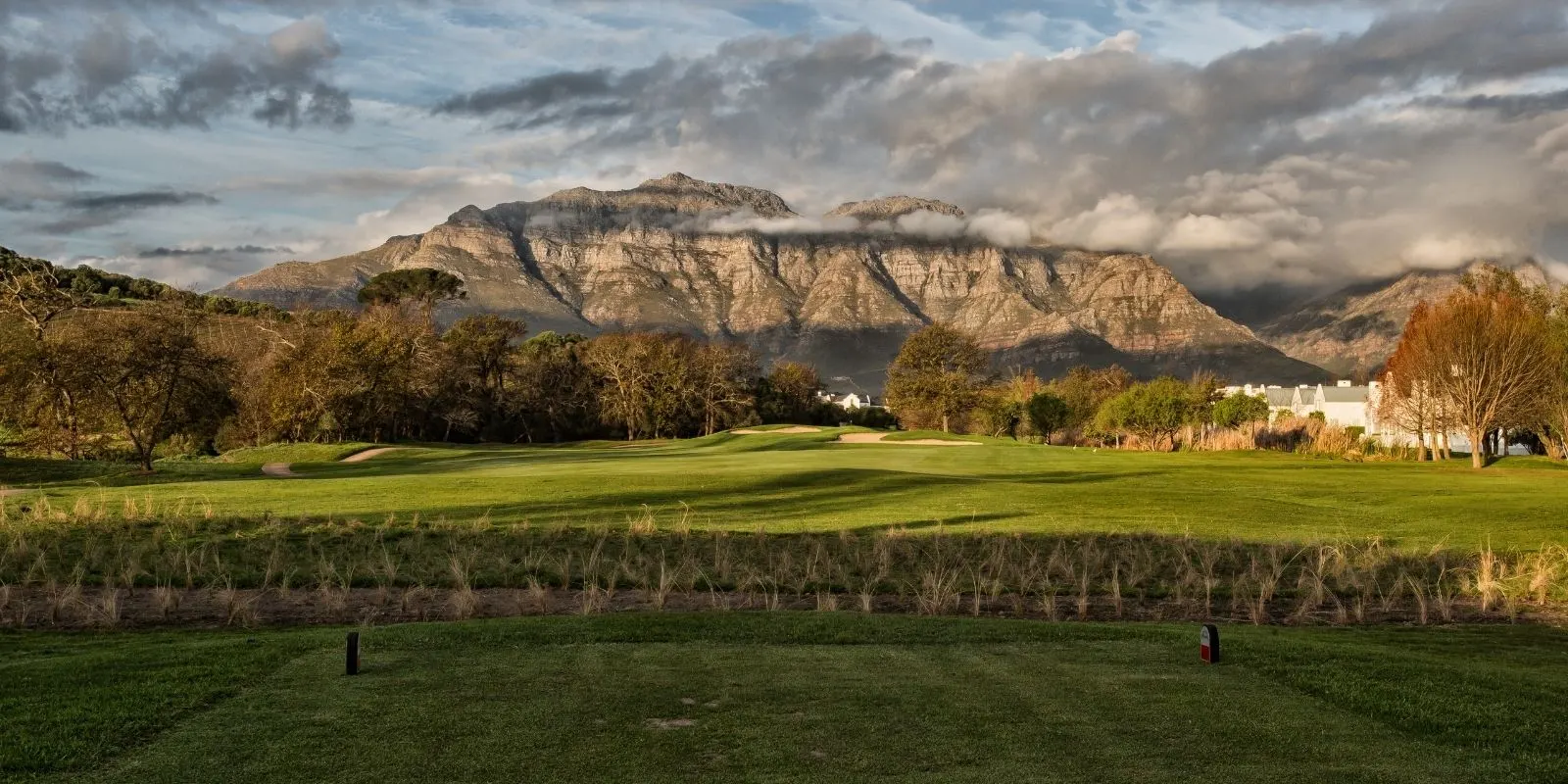 Championship golf fairway with mountain views at De Zalze