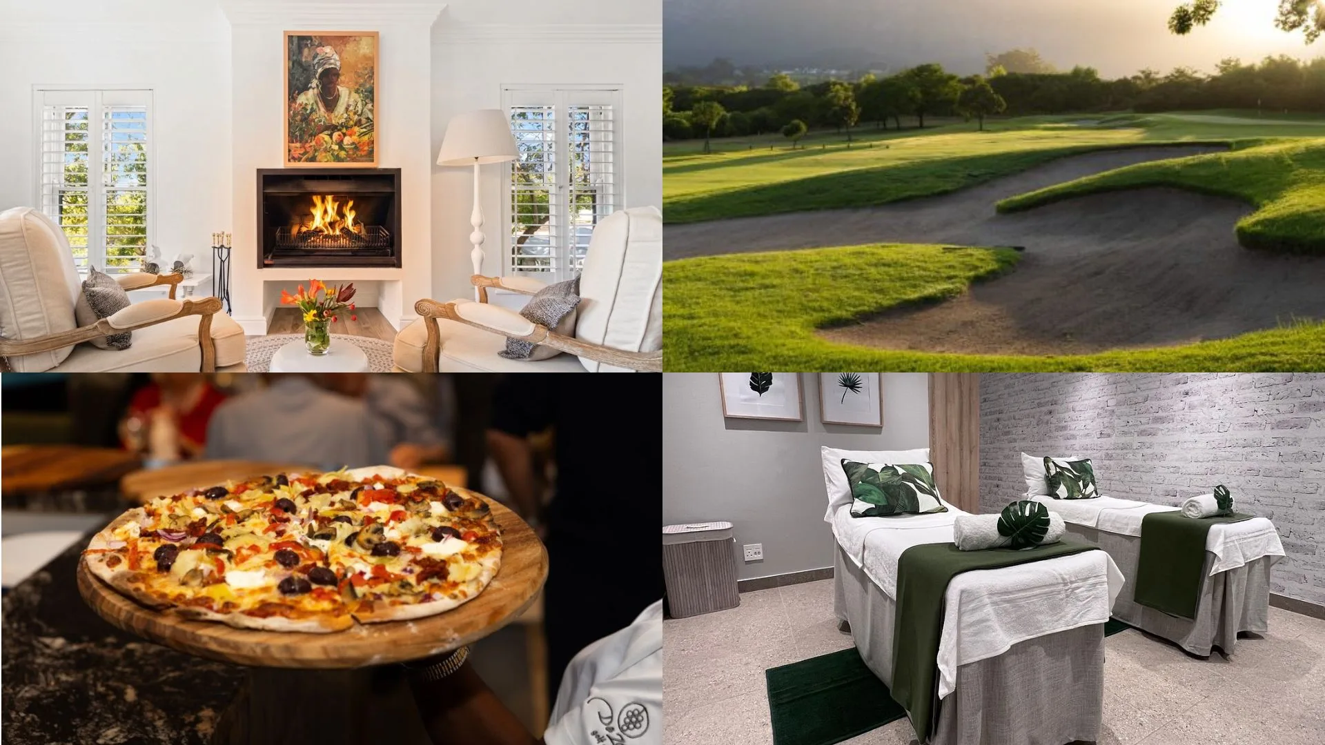 Collage of a weekend at Winelands Golf Lodges at De Zalze showing lodge fireplace, golf course fairway, restaurant dining and spa treatment room in Stellenbosch